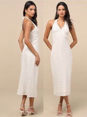 NWOT Lulu’s Meara Ivory and Blue Polka Dot Halter Midi Dress Large 2653211 Party